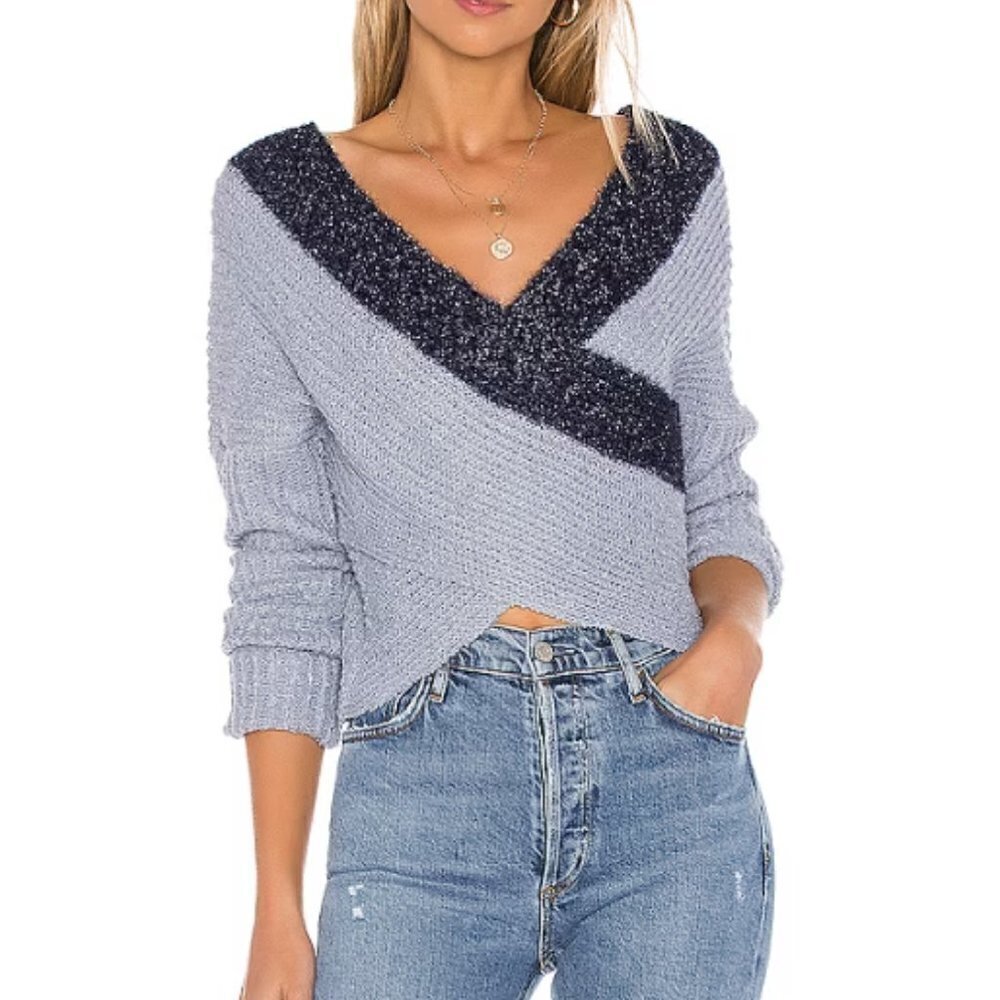 Superdown | NWT Lanah Wrap Sweater Crossover Front Blue Multi Metallic Size L - Picture 2 of 11